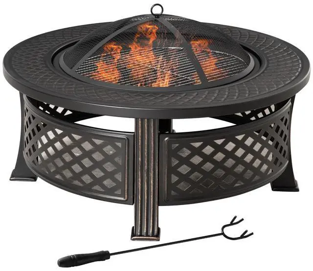 Alt view image 2 of 7 - Outdoor Fire Pit, Firepit with Grill Net, Mesh Lid, Poker for Camping, Bronze