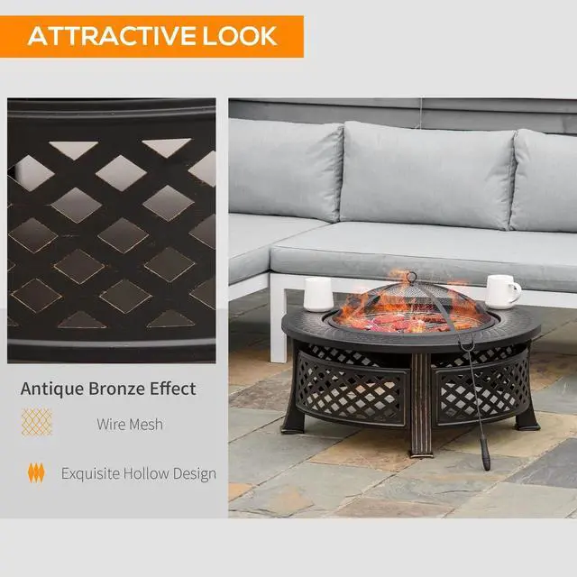 Alt view image 6 of 7 - Outdoor Fire Pit, Firepit with Grill Net, Mesh Lid, Poker for Camping, Bronze
