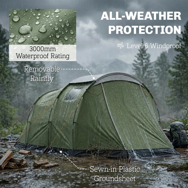Alt view image 4 of 7 - Camping Tent with Rainfly Waterproof for 3-4 Person, Green