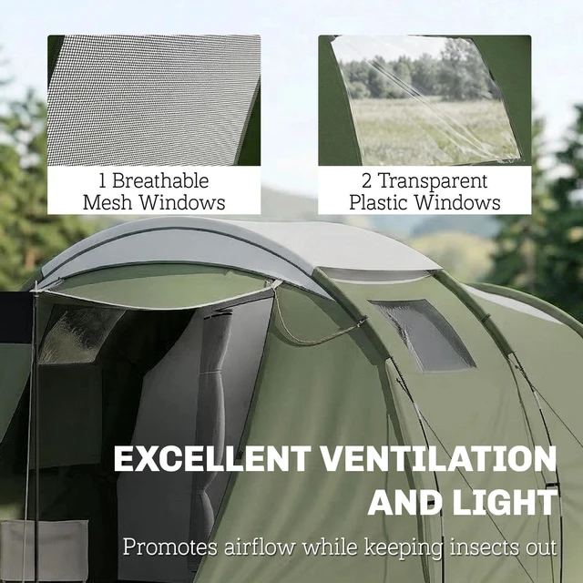 Alt view image 5 of 7 - Camping Tent with Rainfly Waterproof for 3-4 Person, Green
