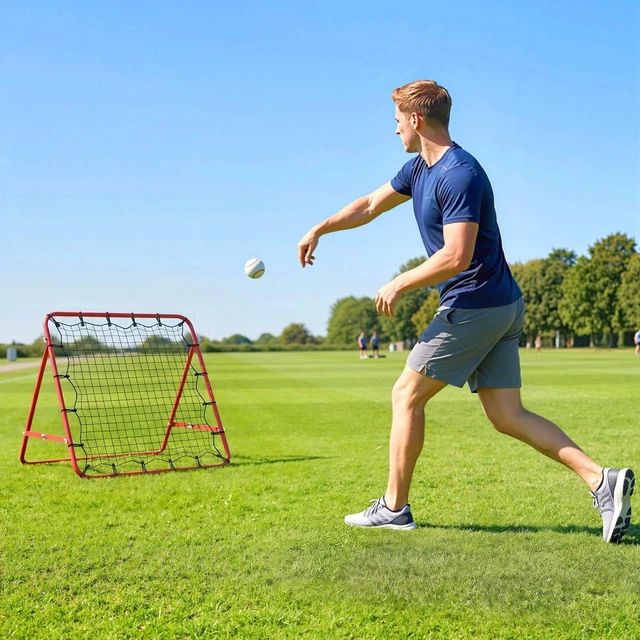 Alt view image 7 of 7 - Rebounder Net Football Training Aid Soccer Kickback Target Goal Play Red