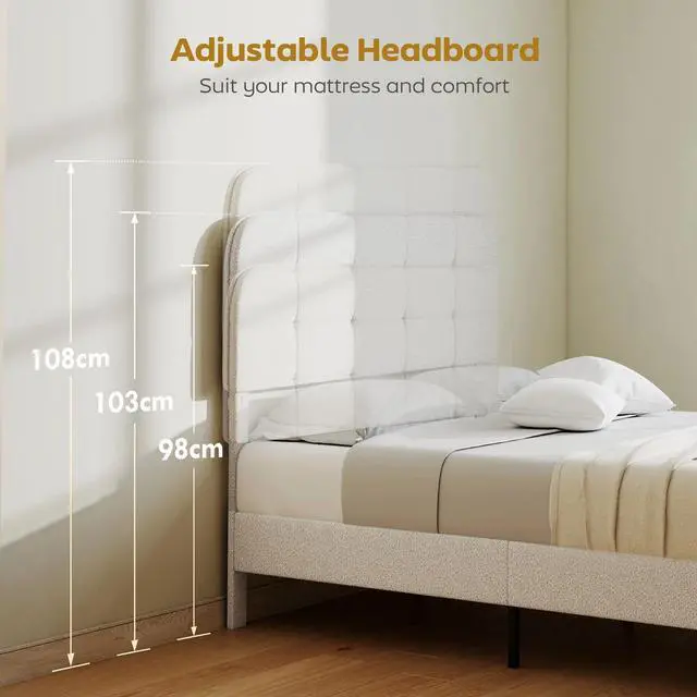 Alt view image 3 of 7 - Queen Bed Frame with Adjustable Headboard Platform Bed Frame White