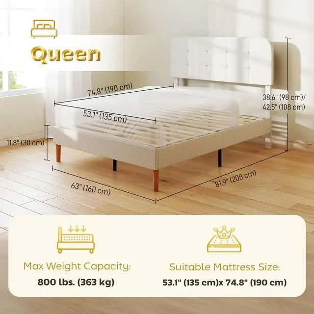 Alt view image 2 of 7 - Queen Bed Frame with Adjustable Headboard Platform Bed Frame White