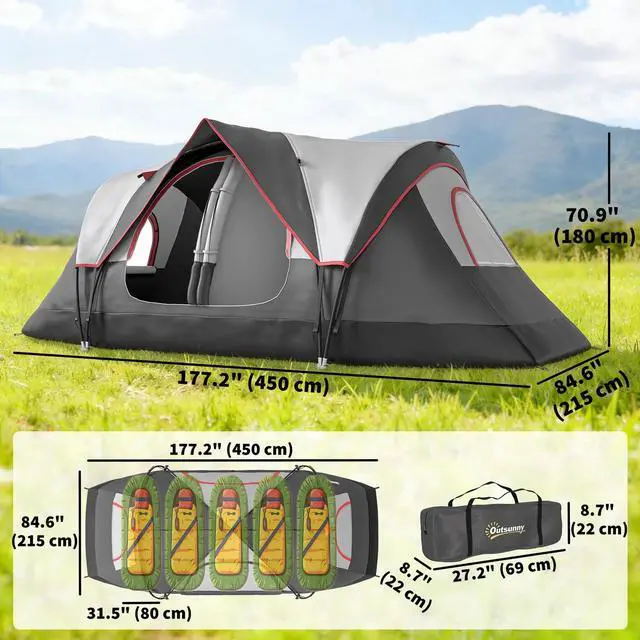 Alt view image 2 of 7 - 6 Person Tent with 2 Bedroom, Rainfly, Dark Grey,Camping Tent
