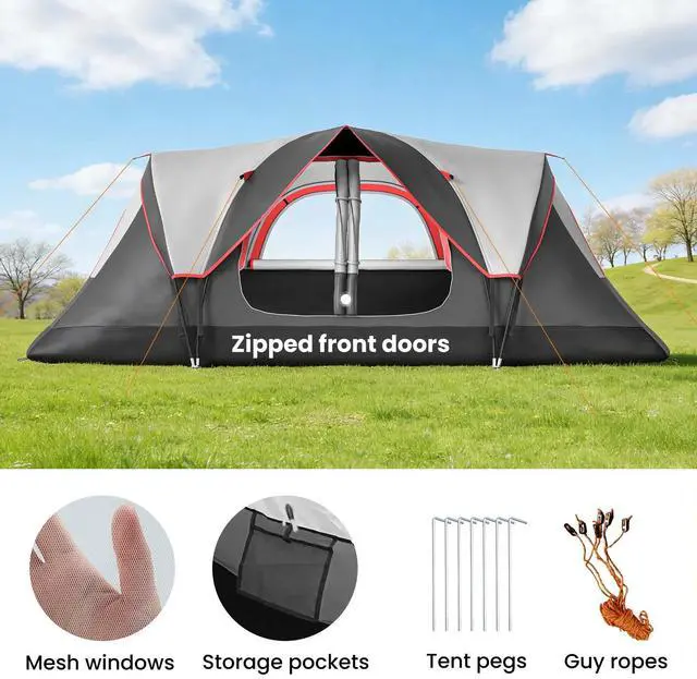 Alt view image 4 of 7 - 6 Person Tent with 2 Bedroom, Rainfly, Dark Grey,Camping Tent