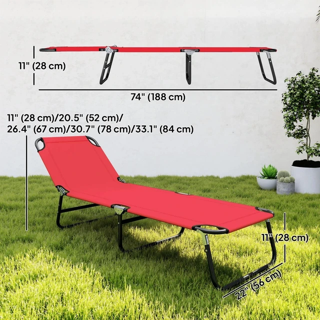 Alt view image 3 of 7 - Folding Lounge Chair, 5 Position Sun Tanning Chair, Red