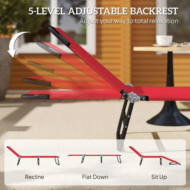 Alt view image 2 of 7 - Folding Lounge Chair, 5 Position Sun Tanning Chair, Red