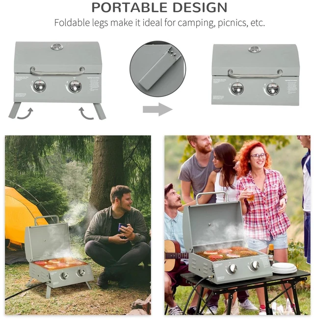 Alt view image 4 of 7 - 2 Burner Folding Tabletop Gas BBQ Grill w/ Lid, Carbon Steel, Silver