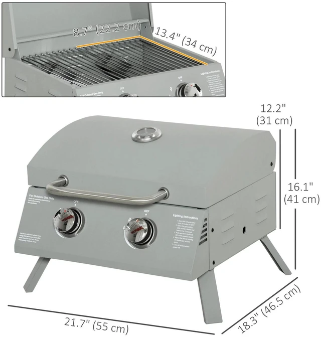 Alt view image 5 of 7 - 2 Burner Folding Tabletop Gas BBQ Grill w/ Lid, Carbon Steel, Silver