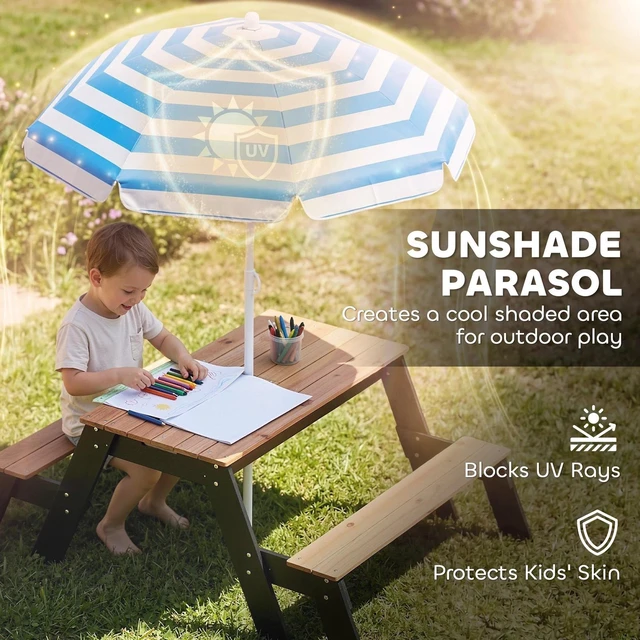 Alt view image 4 of 7 - Qaba Kids Picnic Table with Umbrella, 3 in 1 Wooden Sand & Water Table