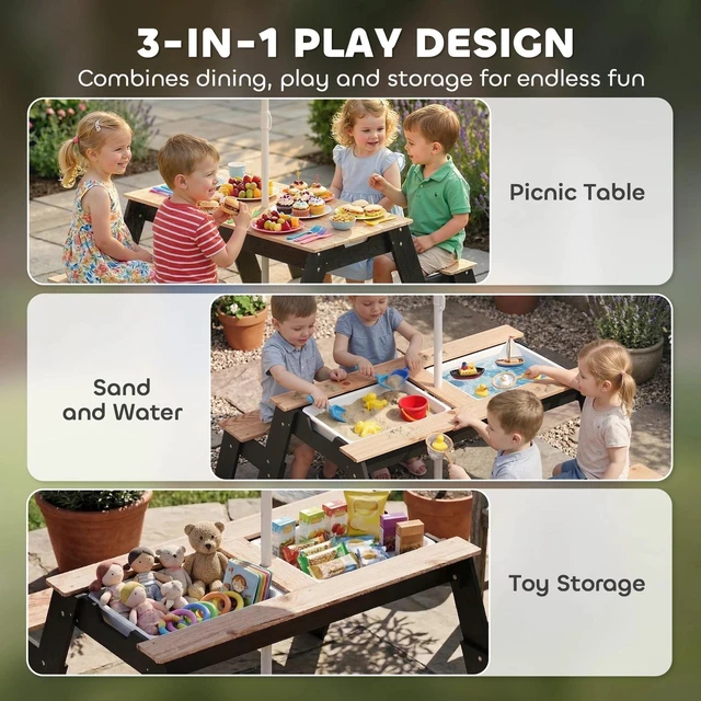 Alt view image 2 of 7 - Qaba Kids Picnic Table with Umbrella, 3 in 1 Wooden Sand & Water Table