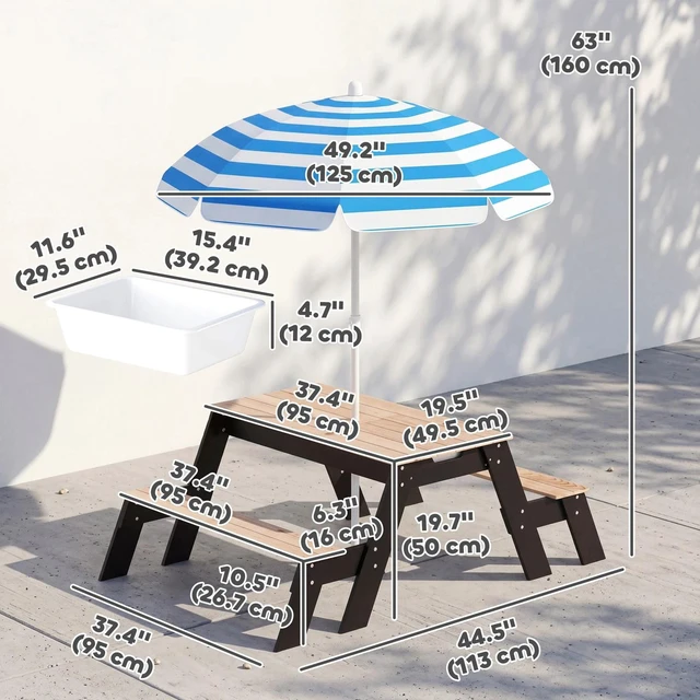 Alt view image 3 of 7 - Qaba Kids Picnic Table with Umbrella, 3 in 1 Wooden Sand & Water Table