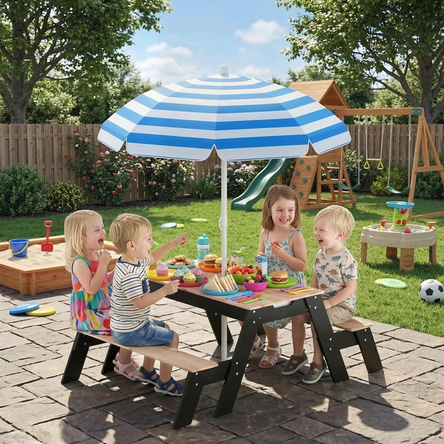 Alt view image 7 of 7 - Qaba Kids Picnic Table with Umbrella, 3 in 1 Wooden Sand & Water Table