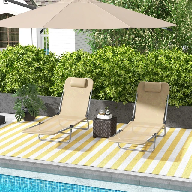 Main image of 2 Pieces Outdoor Lounge Chairs, Folding Adjustable Reclining Chairs, Brown