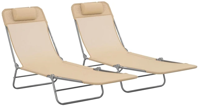 Alt view image 7 of 7 - 2 Pieces Outdoor Lounge Chairs, Folding Adjustable Reclining Chairs, Brown