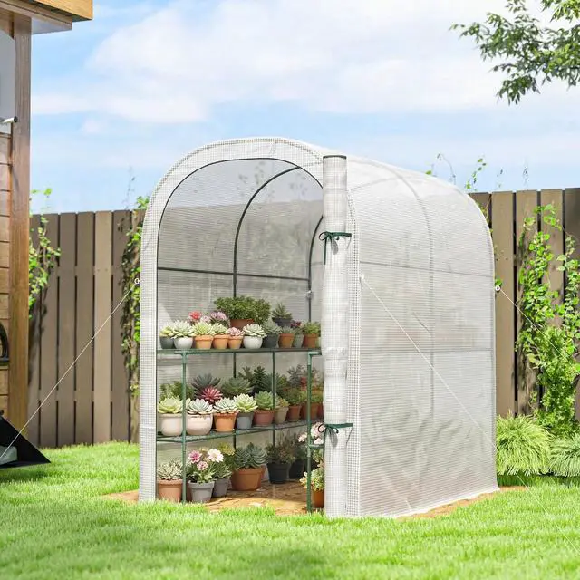 Main image of Walk-in Mini Greenhouse Outdoor Greenhouse with Shelves, White