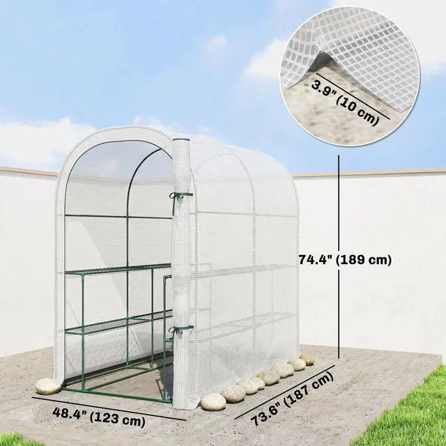 Alt view image 2 of 7 - Walk-in Mini Greenhouse Outdoor Greenhouse with Shelves, White