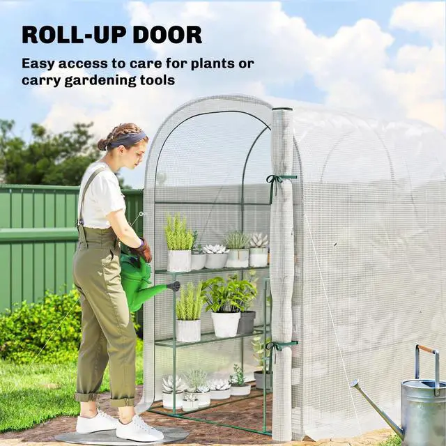 Alt view image 5 of 7 - Walk-in Mini Greenhouse Outdoor Greenhouse with Shelves, White