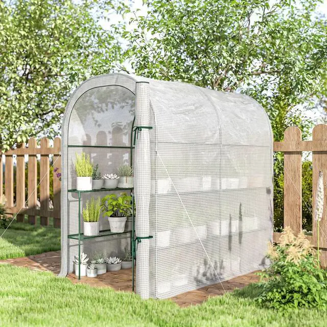 Alt view image 7 of 7 - Walk-in Mini Greenhouse Outdoor Greenhouse with Shelves, White