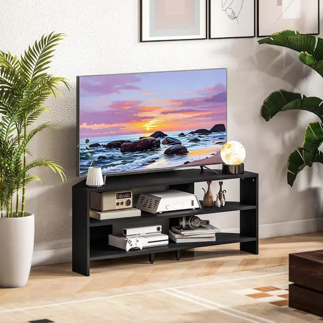 Alt view image 4 of 7 - Corner TV Stand with Storage Shelves for 47" TV, Black