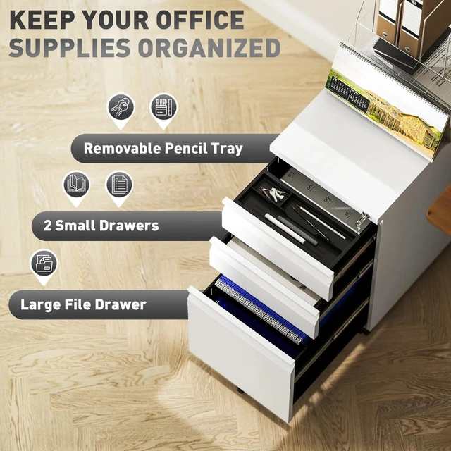 Alt view image 3 of 7 - 3 Drawer File Cabinet with Lock for A4 Legal Letter Files White