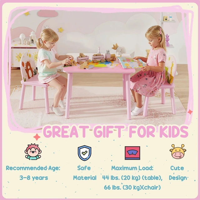 Alt view image 3 of 7 - Qaba Kids Table and 2 Chairs Set with Animal Pattern, Pink