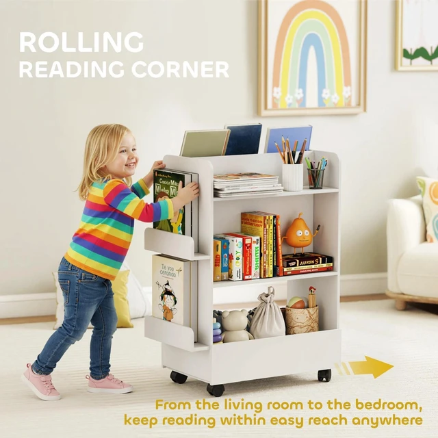 Alt view image 4 of 7 - Kids Bookshelf, Kids Bookcase with Wheels, Blackboard for Nursery