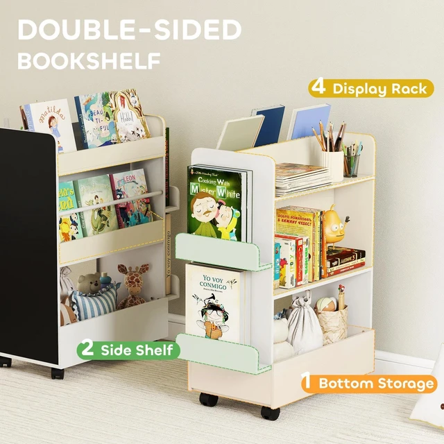 Alt view image 3 of 7 - Kids Bookshelf, Kids Bookcase with Wheels, Blackboard for Nursery