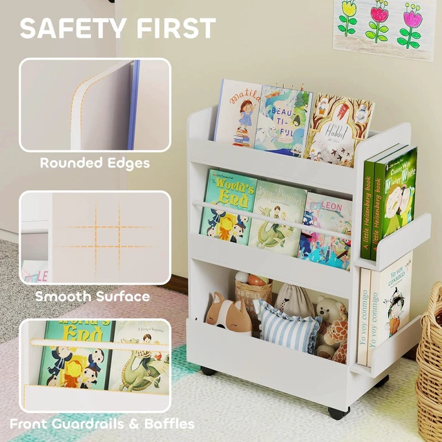 Alt view image 5 of 7 - Kids Bookshelf, Kids Bookcase with Wheels, Blackboard for Nursery