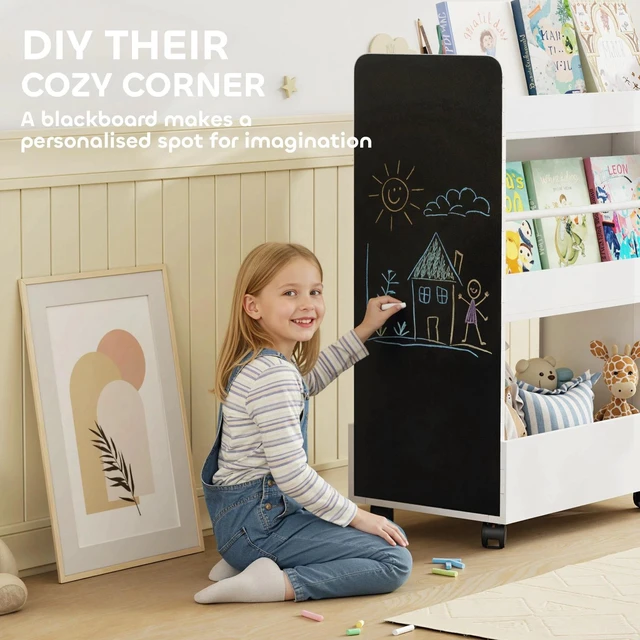 Alt view image 6 of 7 - Kids Bookshelf, Kids Bookcase with Wheels, Blackboard for Nursery