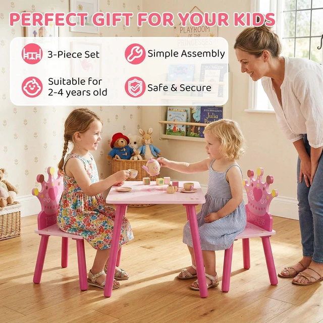 Alt view image 4 of 7 - 3PCS Kids Wooden Table Chair with Crown Pattern Gift for Girls Toddlers