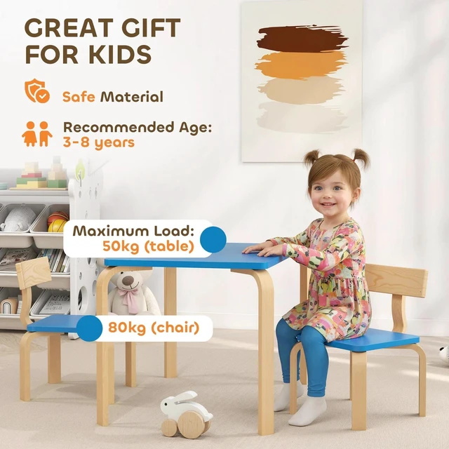 Alt view image 3 of 7 - Kids Table and 2 Chair Set, Toddler Table and Chairs, Blue