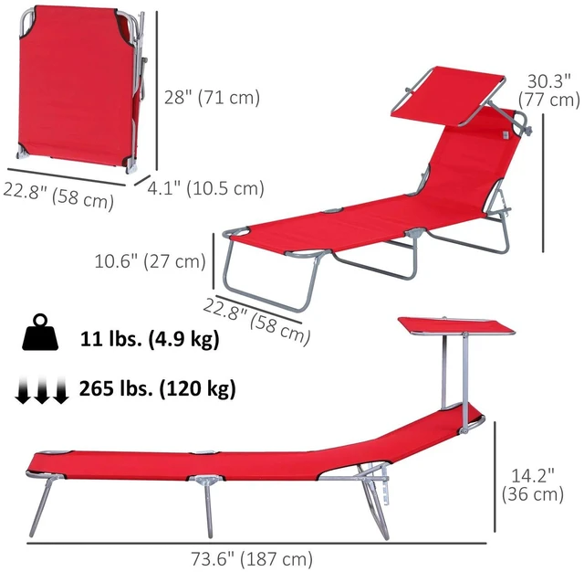 Alt view image 3 of 7 - Lounge chair Chaise Lounging Bed Portable Adjustable Garden Beach Oxford Red