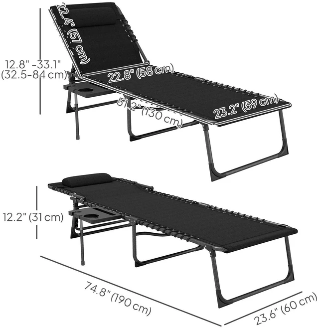 Alt view image 2 of 7 - Folding Lounge Chair, 5-Level Sun Tanning Chair, Black