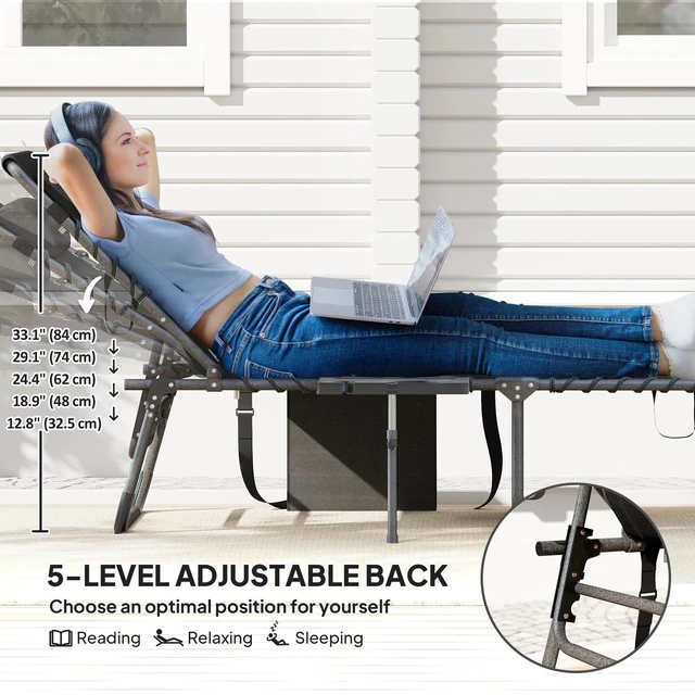 Alt view image 7 of 7 - Folding Lounge Chair, 5-Level Sun Tanning Chair, Black