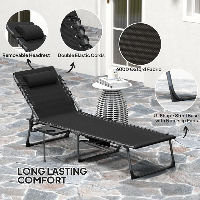 Alt view image 3 of 7 - Folding Lounge Chair, 5-Level Sun Tanning Chair, Black