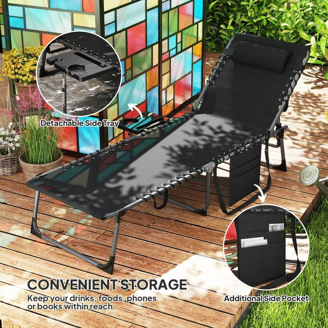 Alt view image 4 of 7 - Folding Lounge Chair, 5-Level Sun Tanning Chair, Black
