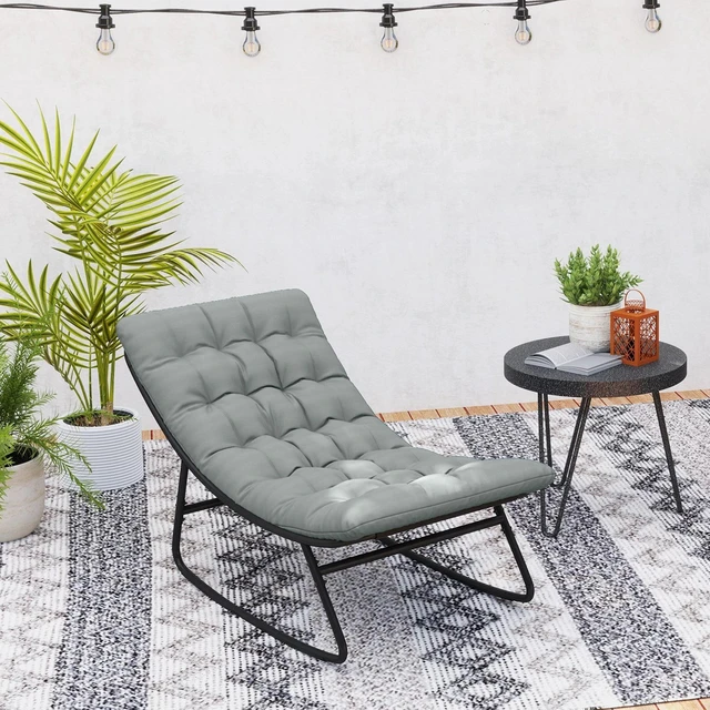 Alt view image 7 of 7 - Outdoor Rocking Chair w/ Cushion, Mesh Patio Chair, Dark Grey