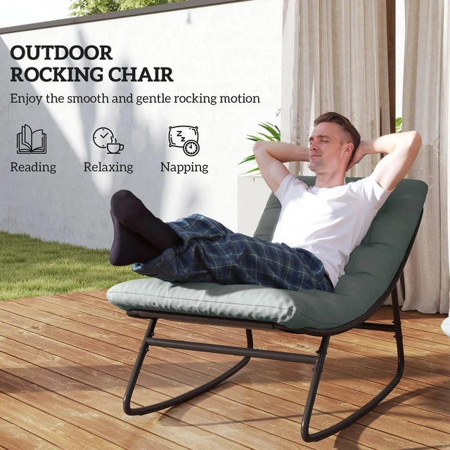 Alt view image 2 of 7 - Outdoor Rocking Chair w/ Cushion, Mesh Patio Chair, Dark Grey
