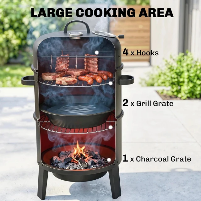 Alt view image 7 of 7 - 3-in-1 Vertical Charcoal Smoker with 2 Grill Grates, Thermometer