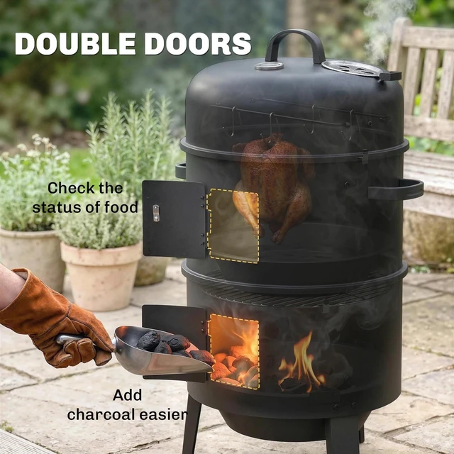 Alt view image 5 of 7 - 3-in-1 Vertical Charcoal Smoker with 2 Grill Grates, Thermometer