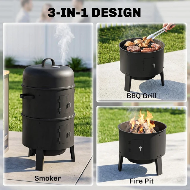 Main image of 3-in-1 Vertical Charcoal Smoker with 2 Grill Grates, Thermometer