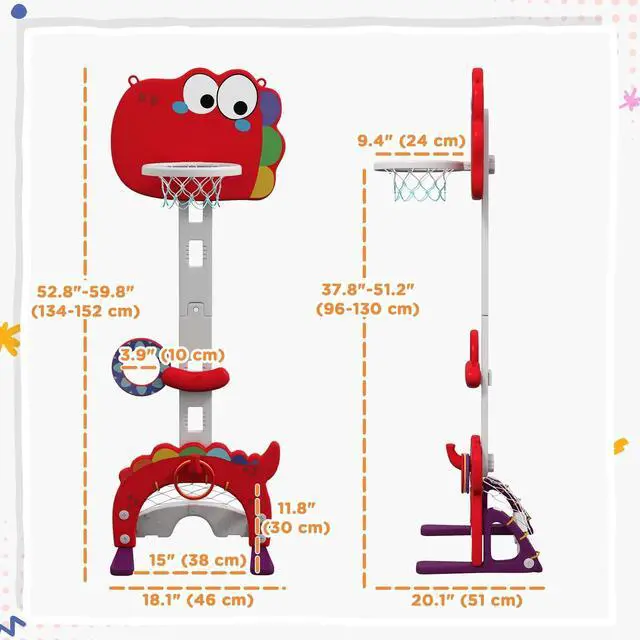 Alt view image 2 of 7 - Kids Basketball Hoop, Adjustable Height 4.4-5 ft, 5 in 1 Design, Red