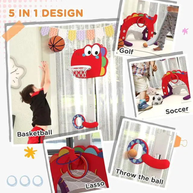 Alt view image 3 of 7 - Kids Basketball Hoop, Adjustable Height 4.4-5 ft, 5 in 1 Design, Red