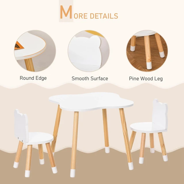 Alt view image 4 of 7 - Kids Wooden Table and 2 Chairs Set Cute Bear Shape with Rounded Corners White