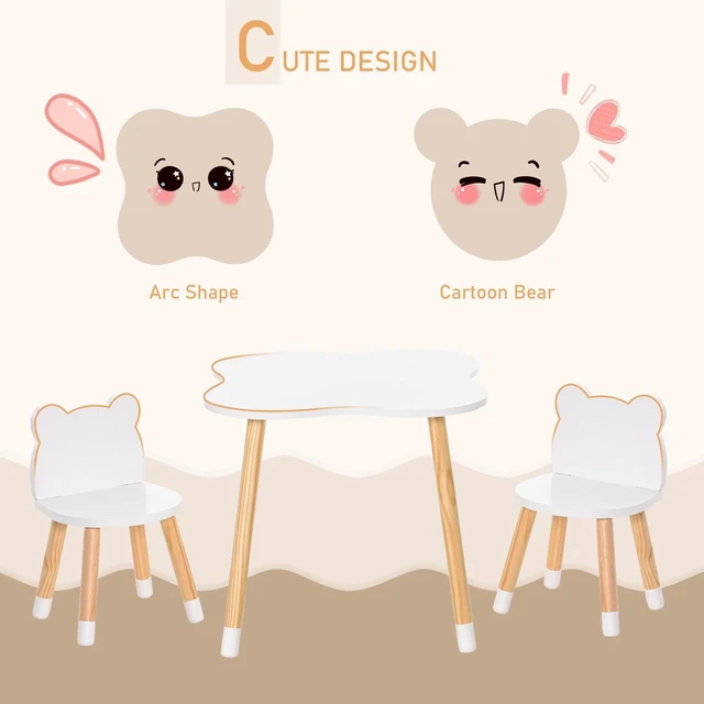 Alt view image 5 of 7 - Kids Wooden Table and 2 Chairs Set Cute Bear Shape with Rounded Corners White