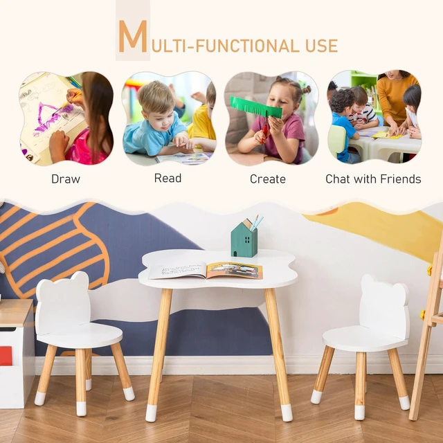 Alt view image 2 of 7 - Kids Wooden Table and 2 Chairs Set Cute Bear Shape with Rounded Corners White