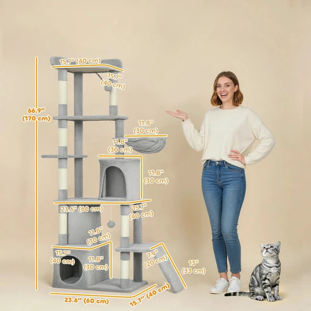 Alt view image 2 of 7 - PawHut Cat Tree, 67" Large Cat Tower with 7 Scratching Posts, Light Grey