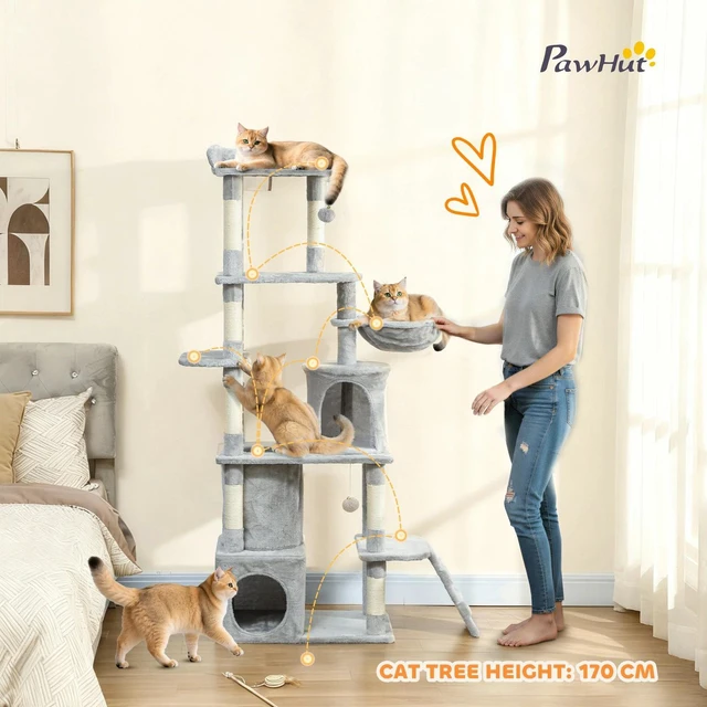 Alt view image 5 of 7 - PawHut Cat Tree, 67" Large Cat Tower with 7 Scratching Posts, Light Grey