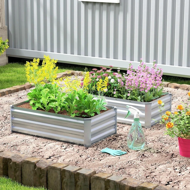 Main image of Set of 2 Raised Garden Beds, Galvanized Planter Box, Silver